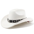 Detail of white faux suede cowboy hat with black leather band and silver skull studs - M (56-58cm) / Cream