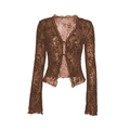 Cardigan à manches longues en dentelle florale marron foncé avec col en V et lien noué - XS / Marron