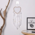White heart-shaped dream catcher with handmade lace, feathers and natural wood beads - Linen without Lights