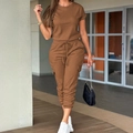 Tuta cargo casual da donna marrone a maniche corte con coulisse e tasche laterali - S / Marrone