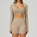 Ensemble de yoga 3 pièces beige sans couture avec haut manches longues et short - S / Long Sleeve+Shorts - Khaki Brown