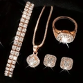 Elegant 5-piece rose gold jewelry set with square diamond pendants and studded bracelet - Square Pave 4-Piece Set (No Watch) / Rose Gold