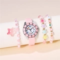 Pink silicone quartz watch set with colorful numeral dial and matching beaded bracelets - Watch & Bracelet Set / Pink + Bracelet