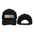 Detail of black corduroy baseball cap with colorful chenille MAMA embroidery and gold sequins - One Size(Adjustable) / Colorful MAMA Corduroy / Black