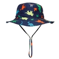 Detailed view of kids sun hat featuring colorful dinosaur print and adjustable chin strap - Navy Dinosaur