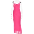 Pink slim-fit bodycon long dress with spaghetti straps, lace details and ruched mesh design - S / Rose Red