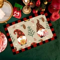 Close-up of Christmas gnome placemat featuring red buffalo plaid borders and pine cones - CD30-6