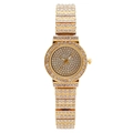 Elegant gold-tone women's quartz watch featuring full crystal inlay on round dial and chain strap - Gold