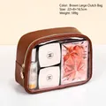 Brown PU leather travel makeup bag with transparent PVC window and gold zipper 22x8x16.5cm - Brown Large Handbag