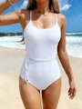 Detailed texture of white ribbed one-piece swimsuit with woven waist belt detail - S / White
