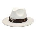Detail of white wool fedora with brown leather band and silver bull head ornament - M (56-58cm) / White