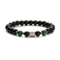 Detailed view of men's beaded bracelet with black stones and tiger eye accents - Malachite