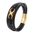 Multi-layer black leather bracelet with a golden infinity symbol and metal clasp - 20.5CM / Gold Black