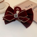 Elegant wine red velvet bow hair claw clip with gold rhinestones and square gemstone - 38# Claw Clip