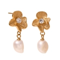 18K gold plated flower earrings with baroque pearl pendants on a white background - Gold