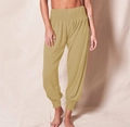 Detail of high-waisted mustard yellow harem pants featuring smocked waistband and elastic cuffs - 3XL / Light Coffee