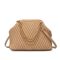 Elegant beige quilted leather evening bag with golden chain and detachable shoulder strap - Khaki