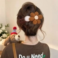 Barrette à cheveux vintage française avec perles et fleur en peluche élégante - Pince à Bec de Canard Fleur en Peluche Café (1#) / 11.5CM