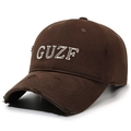 Distressed dark brown baseball cap with embroidered GUZF letters and vintage wash details - Adjustable / Coffee