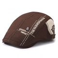 Brown canvas beret cap with skull rivet and English embroidery in a retro style - Adjustable / Coffee