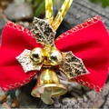 Red velvet Christmas bow with gold holly leaves and bell ornament for festive DIY decor - Red Velvet Clock Christmas Style 6