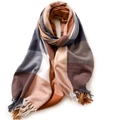 Brown and beige plaid check scarf with fringe tassels in soft cashmere-like texture - 180cm / Dark Camel