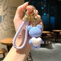 Cute light blue knitted-style bear keychain with a white heart and braided strap for cars. - Bear (B255-4) / Single Piece / Purple