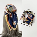Floral satin silk scarf in navy blue featuring orange flowers and bordered design - L7342-Blue