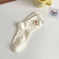 White cotton crew socks featuring cute embroidered dog cake design in Japanese style - One Size / White Puppy Embroidery / Running Dog