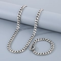 Silver stainless steel Cuban link necklace and bracelet set with heart diamond clasp - Six-sided Polished Cuban Chain (10mm) / Bracelet 21cm / Steel