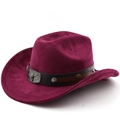 Ethnic wide brim western cowboy hat in wine red suede with ornate buckle and studs - Burgundy