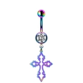Rainbow plated stainless steel belly button ring with cross pendant and zircon stone - Rainbow Cross