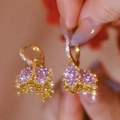 Elegant gold hoop earrings with purple zircon leaf drop charms for a luxury look - Grape Cluster Purple Gemstone (E2389 Purple) / 925 Silver Needle / Purple/Gold