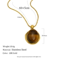 18K gold plated stainless steel necklace featuring a large oval tiger eye stone pendant - Tiger Eye Oval Pendant Snake Chain Necklace - Gold