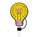 Reusable yellow light bulb silicone straw topper with Save Electricity text on white background - Save Electricity