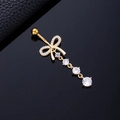 Golden belly ring with cubic zirconia butterfly bow and dangling tassel on black mirror - Four Round Zircon Butterfly Gold