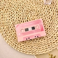 Pink retro cassette tape music box with Best Wishes design on woven mat - 60s Replaceable Battery (Plastic) - Pink
