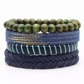 Meerlagige armbandenset voor heren van leer en houten kralen in donkerblauw en groen - Blauw-groene gelaagde gevlochten combinatie (2)