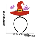 Detail view of Halloween headband featuring red glitter witch hat and purple BOO sign decor - Red Witch Hat with BOO Message