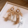 Bohemian rhombus tassel hook earrings in brown and beige with golden leaf details - Oval Leaf Feather Tassel Style (HE27090)