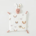 Pink bunny baby security blanket in white 100% cotton gauze with rainbow prints - Pink Rainbow (Floral Rabbit)