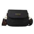 Fashionable black faux leather saddle bag with crocodile texture and wide patterned strap - Black