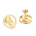 Golden hollow circular stud earrings featuring elegant female silhouette and small zircon - Female Profile Silhouette Style (KE51058-K)