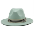 Detail of mint wool felt fedora featuring a striped ribbon band and wide brim design - Mint Green