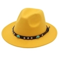 Detail of yellow wool fedora hat with turquoise studs and black leather band - M (56-58cm) / Yellow