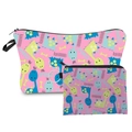 Detail of pink polyester cosmetic bag set with blue dinosaur patterns and black zippers - HLZH210-Pink Dinosaur