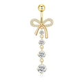 Golden belly button ring with sparkling zircon butterfly bow and dangling round crystals - Gold Bowknot
