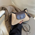Sac rétro en tissu texturé avoine et cuir marron foncé avec logo doré sur le rabat - Sans Pendentif / Kaki