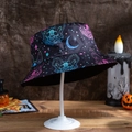 Double-sided Halloween bucket hat featuring gothic skull bat and moon neon prints - M (56-58cm) / Monster Stars