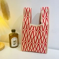 Chic cream knit wrist bag with red geometric V-patterns for daily shopping use - Wavy Diamond Beige
